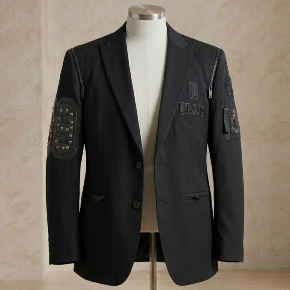 BR-X by Biarelli Mens Blazer 3XL Big Tall Black Studded Patch Sport Coat